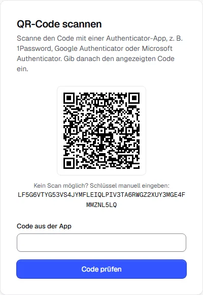 QR-Code zum Scannen mit der Authenticator-App, darunter der Schlüssel zum Abtippen und das Feld für den Code