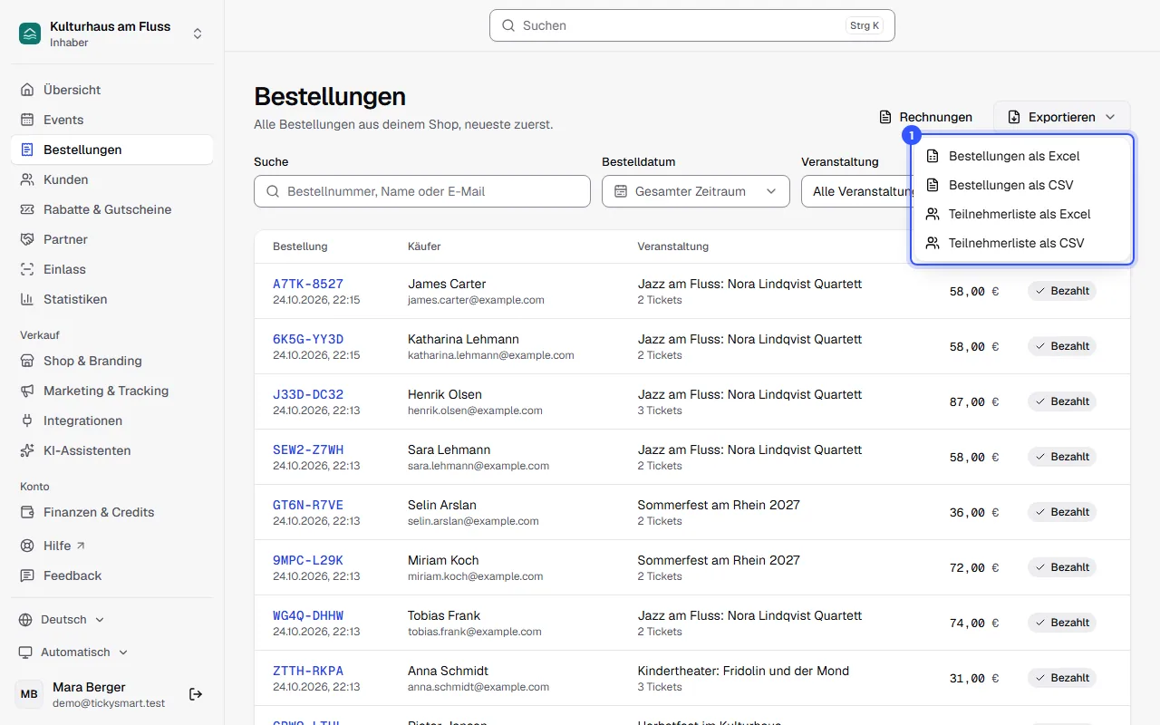 Bestellungen mit geöffnetem Menü Exportieren: Bestellungen als Excel oder CSV und Teilnehmerliste als Excel oder CSV