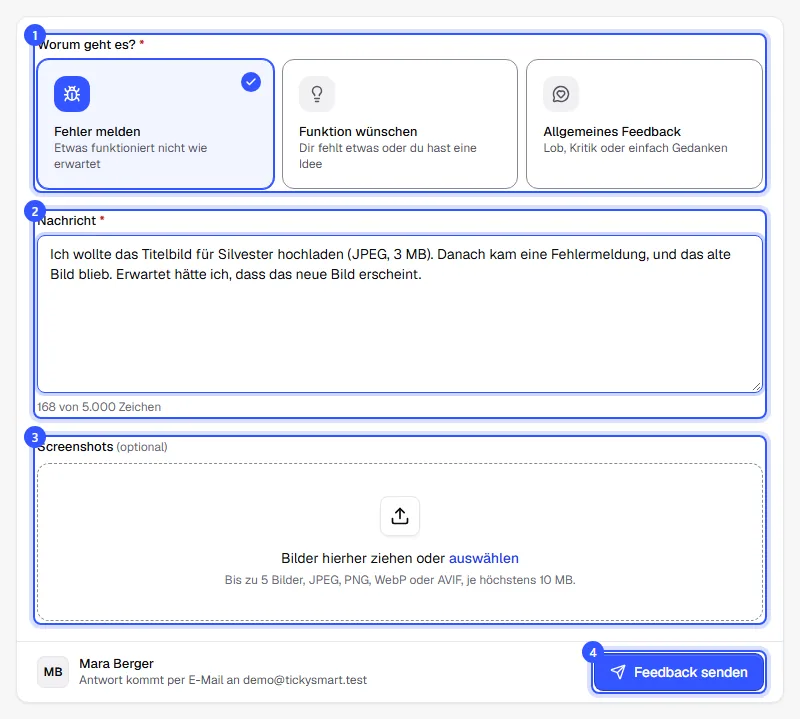 Formular Feedback mit der Auswahl Fehler melden, einer ausgefüllten Nachricht, dem Feld für Screenshots und dem Knopf Feedback senden