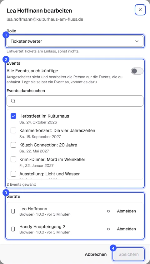 Dialog Lea Hoffmann bearbeiten mit der Rolle Ticketentwerter, der Liste der Events mit dem angehakten Herbstfest, 2 Events gewählt, und ihren zwei angemeldeten Geräten