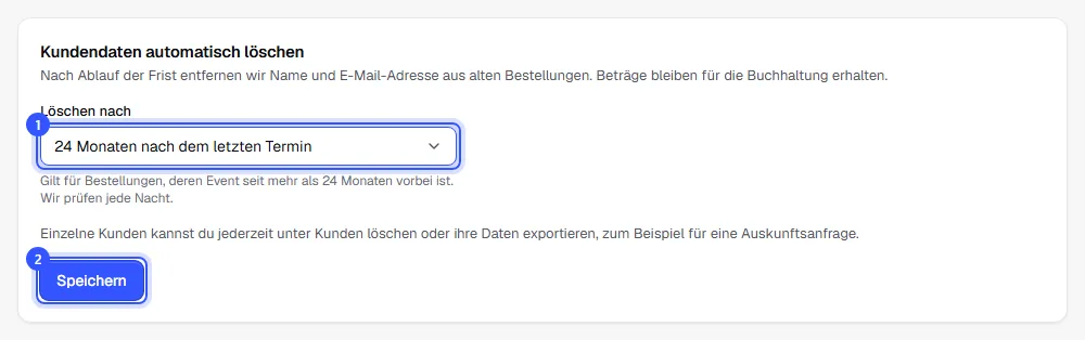 Einstellungen, Bereich Datenschutz, mit der Auswahl Löschen nach 24 Monaten nach dem letzten Termin und dem Knopf Speichern