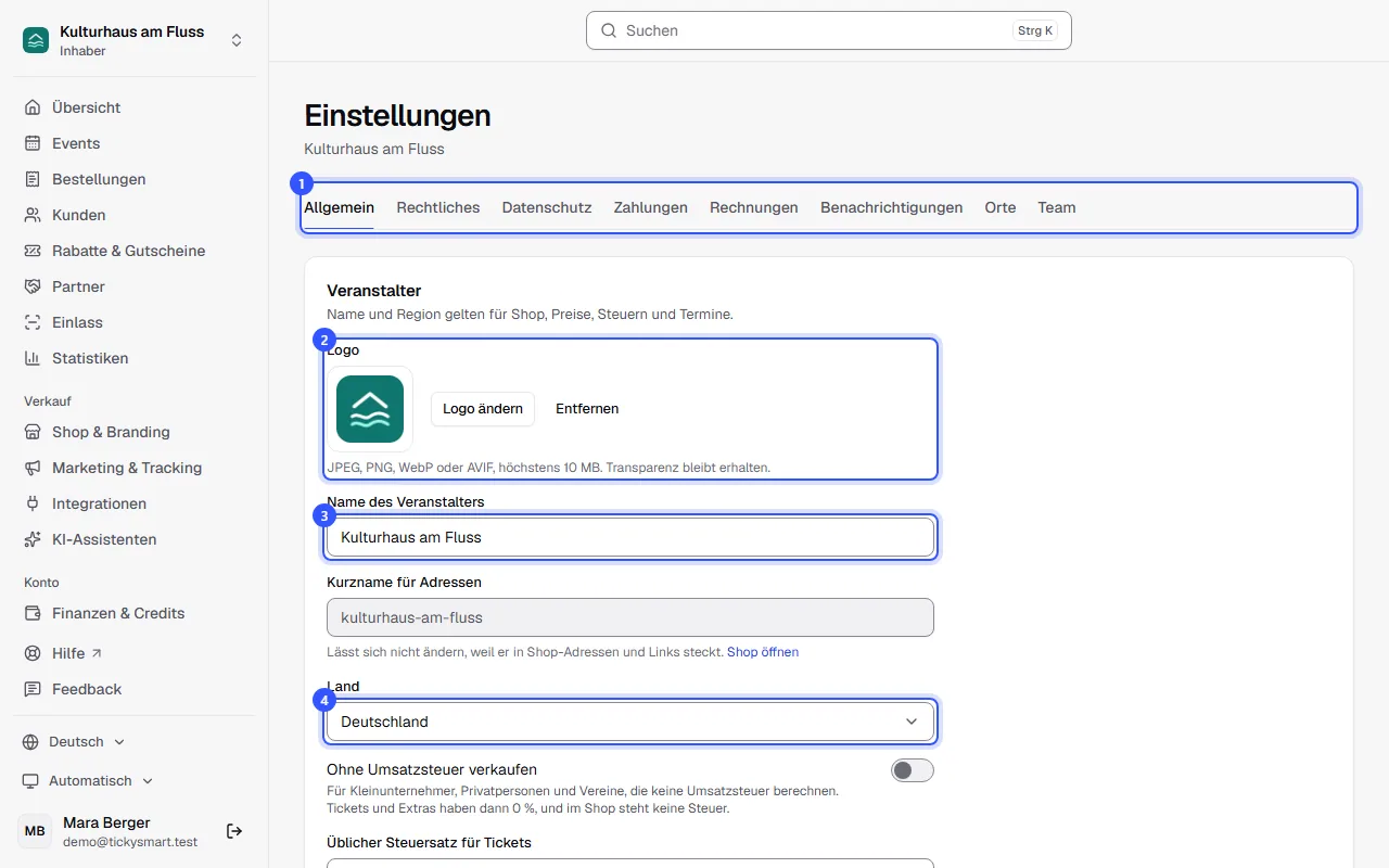 Einstellungen mit den Bereichen oben und dem Abschnitt Veranstalter mit Logo, Name, Kurzname und Land