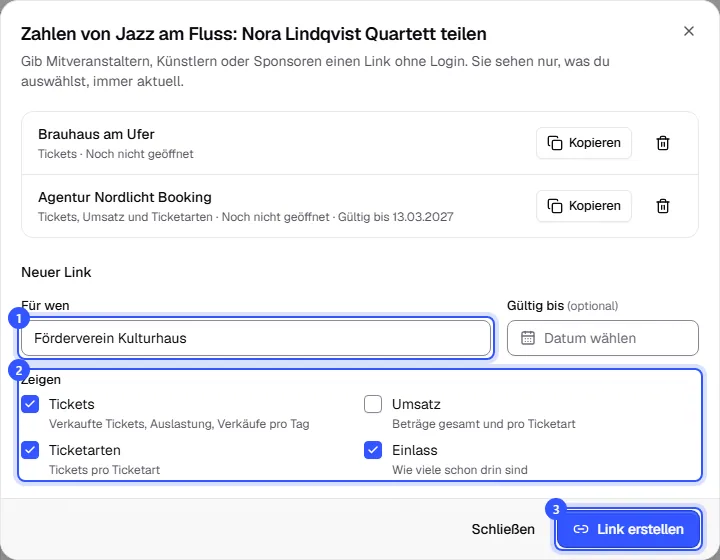 Dialog Zahlen teilen mit zwei vorhandenen Links, einem neuen Link für den Förderverein und den Bereichen Tickets, Ticketarten und Einlass
