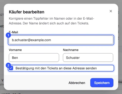 Dialog Käufer bearbeiten mit geänderter E-Mail-Adresse, Vor- und Nachname und dem angehakten Kästchen, die Bestätigung an diese Adresse zu senden