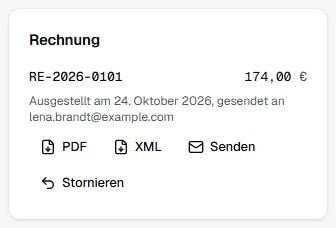 Karte Rechnung an der Bestellung mit Nummer, Betrag, Datum und Empfänger sowie den Knöpfen PDF, XML, Senden und Stornieren
