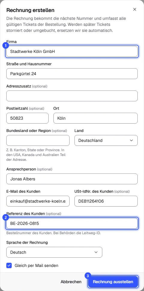 Dialog Rechnung erstellen mit Firma, Adresse, Ansprechperson, E-Mail, USt-IdNr., Referenz des Kunden, Sprache und dem Haken zum Senden