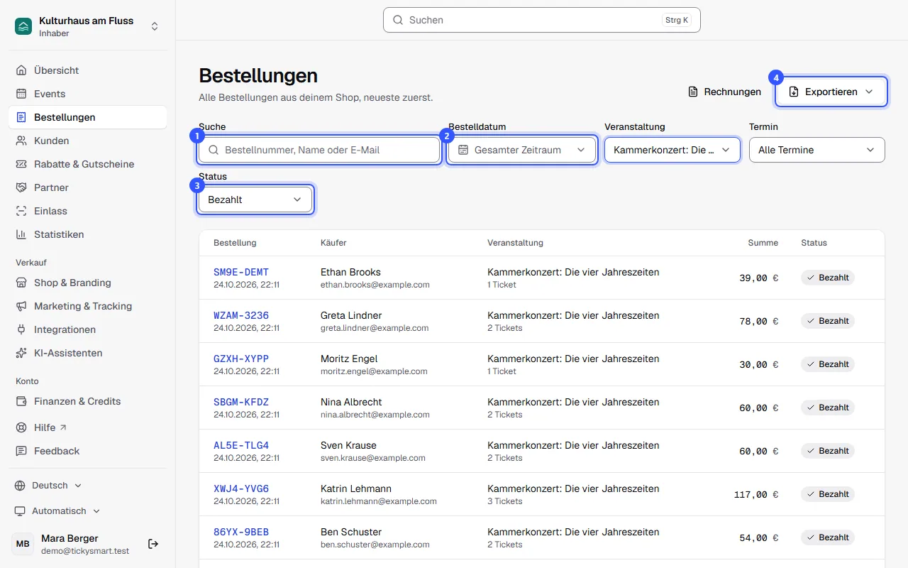 Liste der Bestellungen, gefiltert auf ein Konzert, mit Suchfeld, Filtern für Bestelldatum, Veranstaltung, Termin und Status, dem Knopf Exportieren und Bestellungen mit Käufer, Anzahl der Tickets, Summe und Status