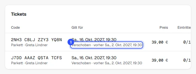 Tickets einer Bestellung mit dem neuen Termin und darunter dem Hinweis Verschoben, vorher am alten Termin