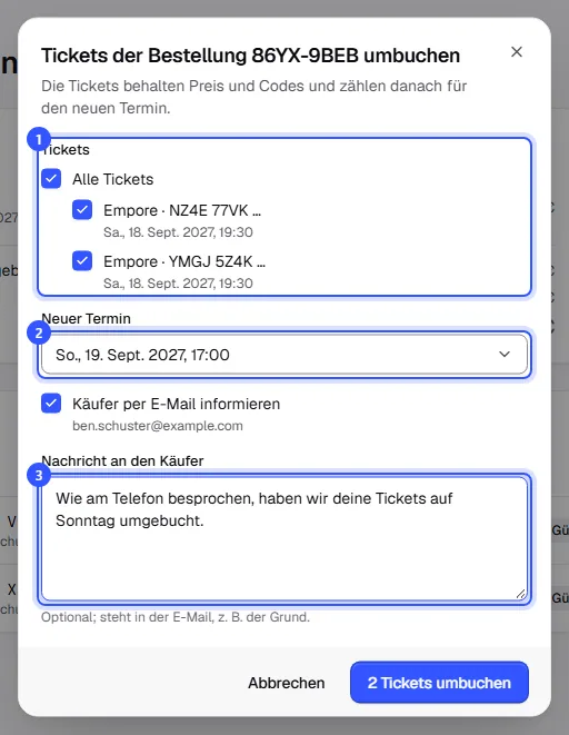 Dialog Tickets umbuchen mit beiden ausgewählten Tickets, dem neuen Termin am Sonntag, dem angehakten Kästchen Käufer per E-Mail informieren und einer Nachricht