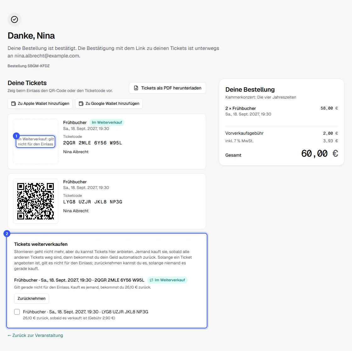 Bestellseite im Shop mit einem Ticket im Weiterverkauf ohne QR-Code, einem gültigen Ticket und dem Abschnitt Tickets weiterverkaufen mit Zurücknehmen und dem Betrag nach dem Verkauf