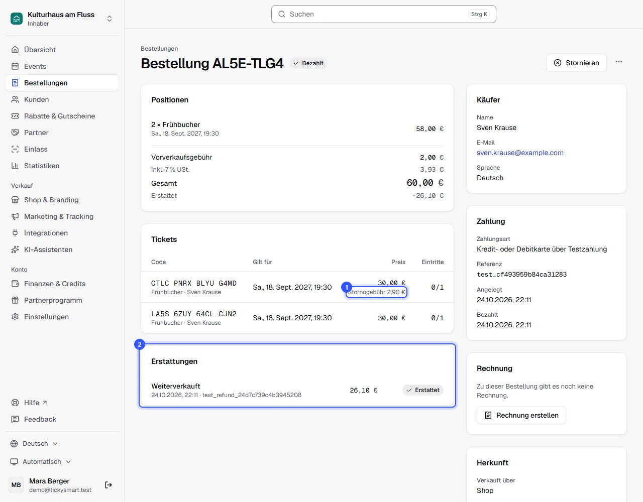 Bestellung im Dashboard mit einem stornierten Ticket samt Stornogebühr, einem gültigen Ticket und der Erstattung Weiterverkauft