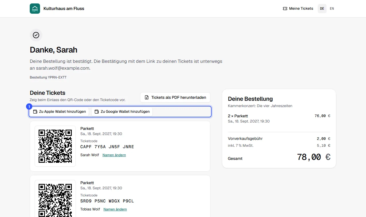 Bestellseite im Shop mit den Knöpfen Zu Apple Wallet hinzufügen und Zu Google Wallet hinzufügen über den Tickets
