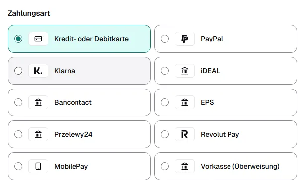Kasse im Shop mit der Auswahl Zahlungsart: Kredit- oder Debitkarte, PayPal, Klarna, iDEAL, Bancontact, EPS, Przelewy24, Revolut Pay, MobilePay und Vorkasse