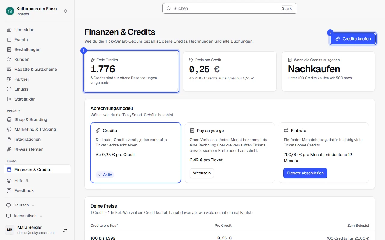 Seite Finanzen und Credits mit den Karten Freie Credits, Preis pro Credit und Wenn die Credits ausgehen, oben rechts der Knopf Credits kaufen