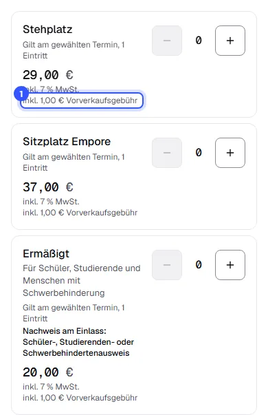 Ticketauswahl im Shop: Stehplatz für 29,00 Euro, darunter inklusive 7 Prozent MwSt. und inklusive 1,00 Euro Vorverkaufsgebühr