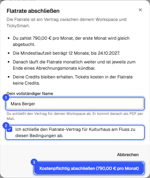 Dialog Flatrate abschließen mit Preis pro Monat, Mindestlaufzeit von 12 Monaten, dem Feld für den Namen, dem Haken zur Bestätigung und dem Knopf Kostenpflichtig abschließen