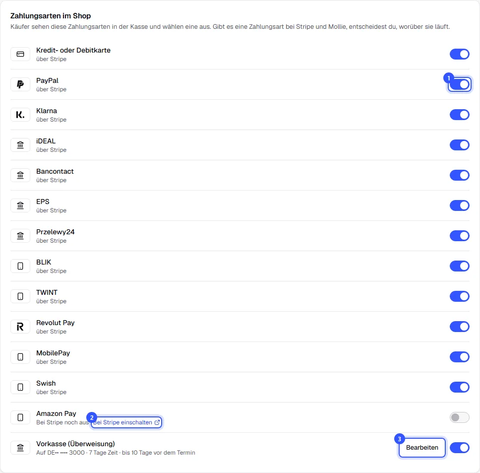 Liste Zahlungsarten im Shop mit Karte, PayPal, Klarna und weiteren Zahlungsarten über Stripe, Amazon Pay noch aus mit dem Link Bei Stripe einschalten und Vorkasse mit Bearbeiten
