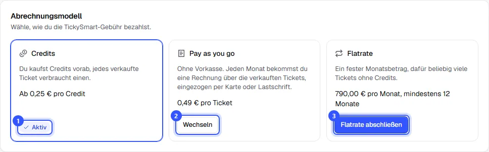 Karte Abrechnungsmodell mit Credits als aktivem Modell, Pay as you go mit dem Knopf Wechseln und Flatrate mit dem Knopf Flatrate abschließen