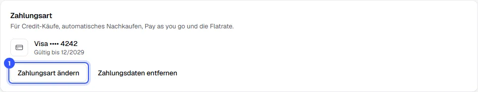 Karte Zahlungsart mit einer hinterlegten Visa-Karte und den Knöpfen Zahlungsart ändern und Zahlungsdaten entfernen