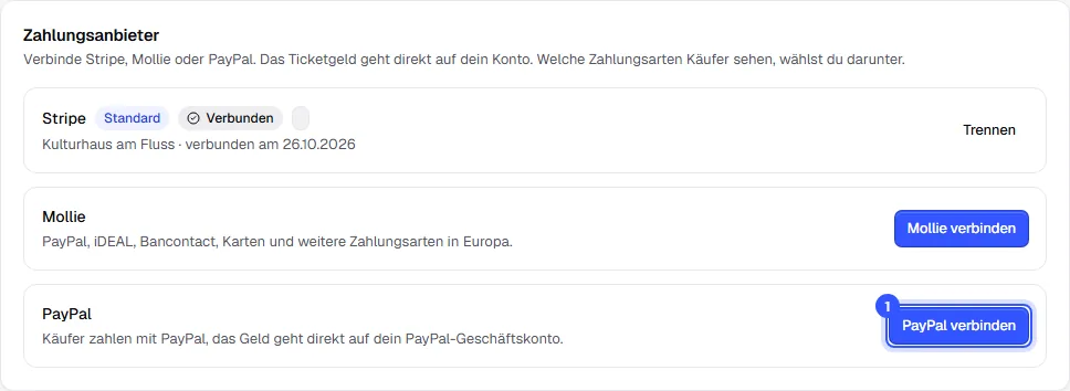 Zahlungsanbieter mit Stripe, Mollie und PayPal, markiert ist der Knopf PayPal verbinden