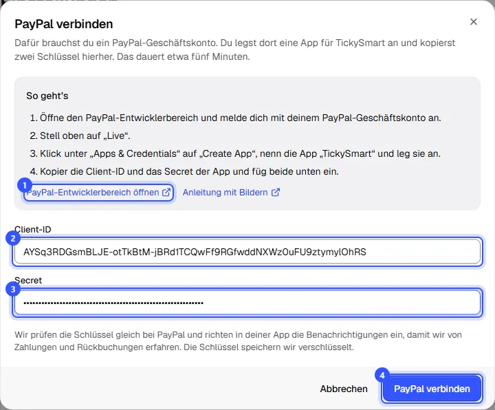 Fenster PayPal verbinden mit Kurzanleitung, Link zum PayPal-Entwicklerbereich, den Feldern Client-ID und Secret und dem Knopf PayPal verbinden