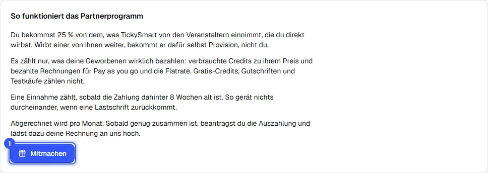 Karte So funktioniert das Partnerprogramm mit den Regeln und dem Knopf Mitmachen