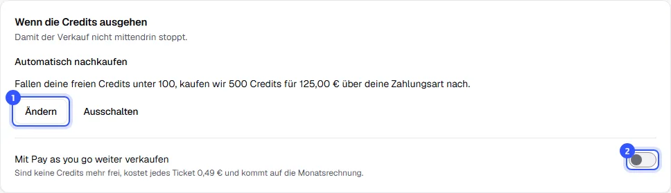 Karte Wenn die Credits ausgehen mit eingeschaltetem automatischem Nachkaufen und dem Schalter Mit Pay as you go weiter verkaufen