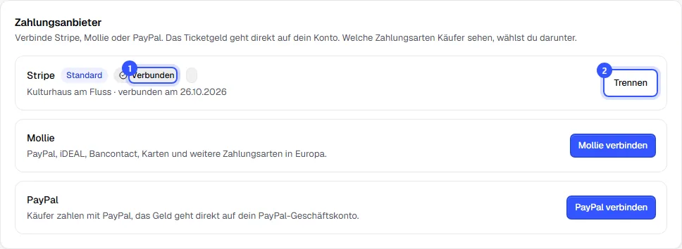 Zahlungsanbieter: Stripe als Standard und Verbunden mit dem Knopf Trennen, darunter Mollie mit dem Knopf Mollie verbinden