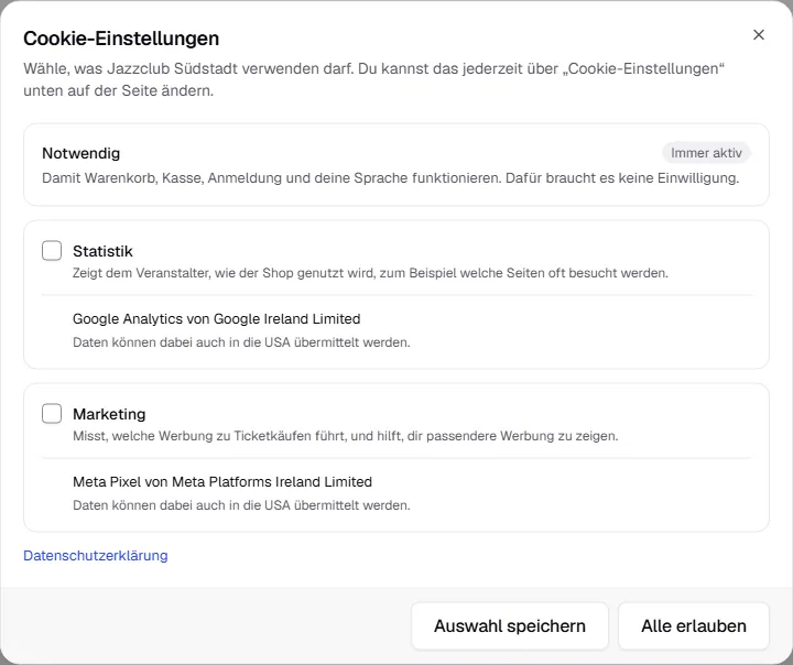 Cookie-Einstellungen mit den Kategorien Notwendig, Statistik mit Google Analytics und Marketing mit Meta Pixel
