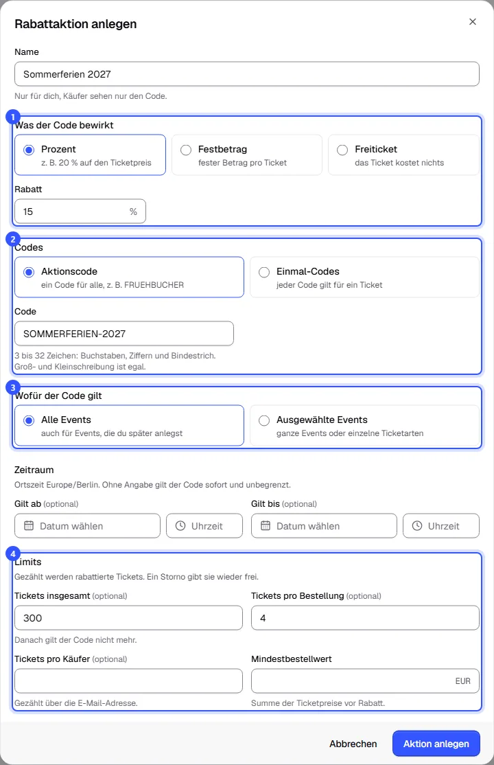Dialog Rabattaktion anlegen mit Name, 15 Prozent Rabatt, Aktionscode, Auswahl der Events, Zeitraum und Limits