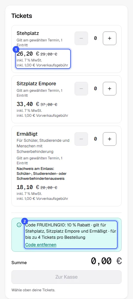 Ticketauswahl im Shop mit dem eingelösten Code FRUEHLING10, reduzierten Preisen und durchgestrichenen alten Preisen