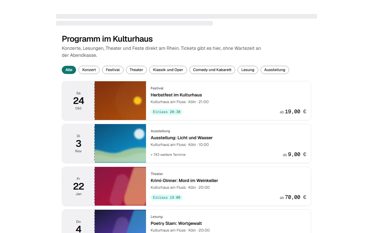 Beispielseite mit dem Widget: Überschrift des Kulturhauses, Filter nach Kategorien und die kommenden Events mit Datum und Preis