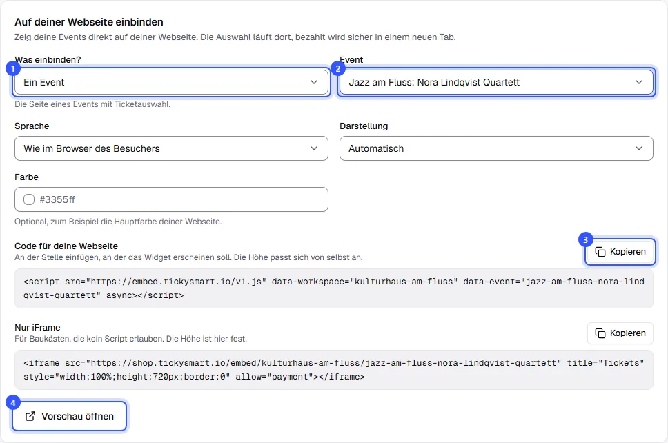 Karte Auf deiner Webseite einbinden mit der Auswahl Ein Event, dem Jazzkonzert, Sprache, Darstellung, Farbe und dem fertigen Code zum Kopieren