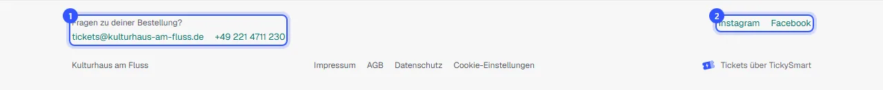 Fuß des Shops mit E-Mail und Telefon für Fragen zur Bestellung, Links zu Instagram und Facebook sowie Impressum, AGB und Datenschutz