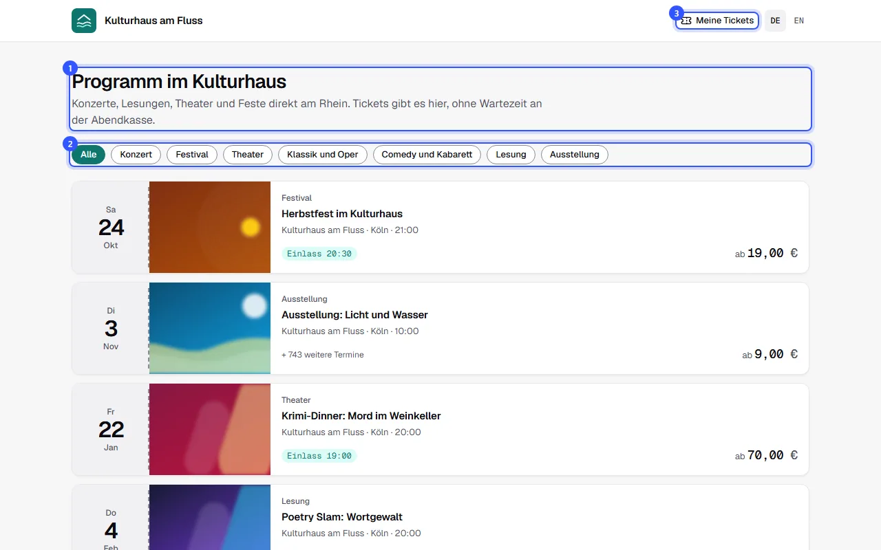 Startseite des Shops mit Überschrift und Einleitung, Filter nach Kategorien, der Liste der Events und dem Link Meine Tickets oben