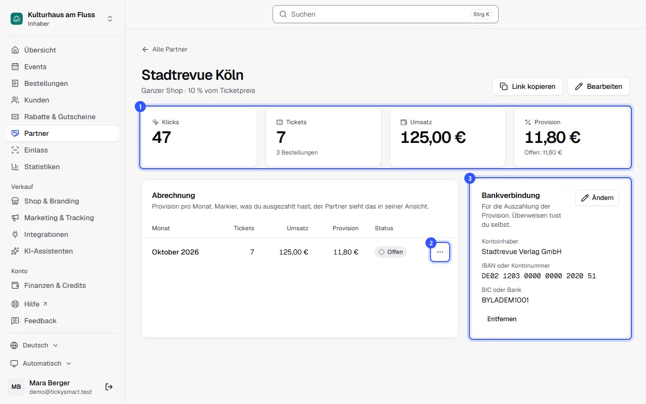 Seite des Partners Stadtrevue Köln mit Klicks, Tickets, Umsatz und Provision, der Abrechnung für Oktober mit Status Offen und der Bankverbindung