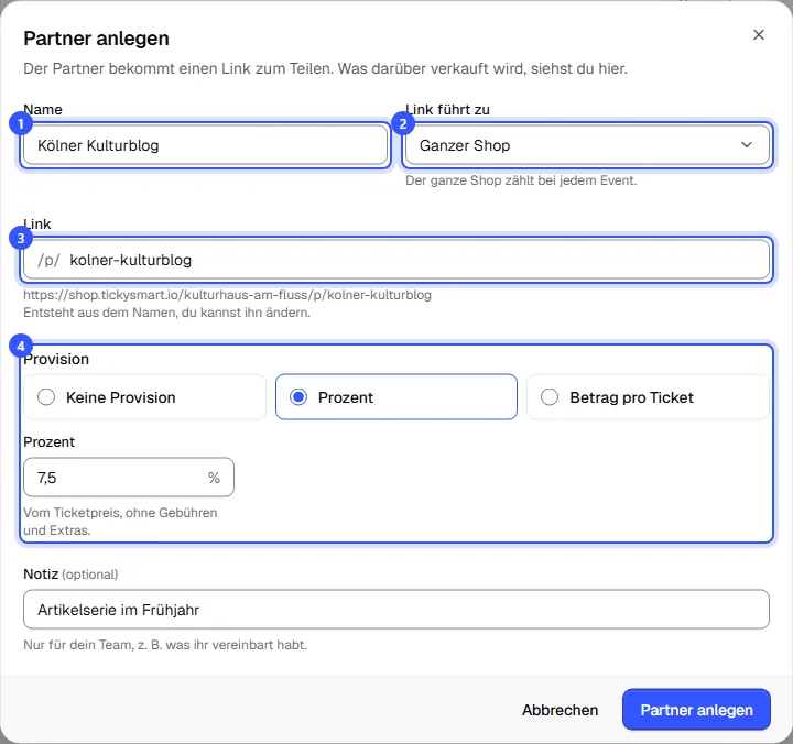 Dialog Partner anlegen mit dem Namen Kölner Kulturblog, Ziel ganzer Shop, dem Link mit Vorschau der Adresse, 7,5 Prozent Provision und einer Notiz