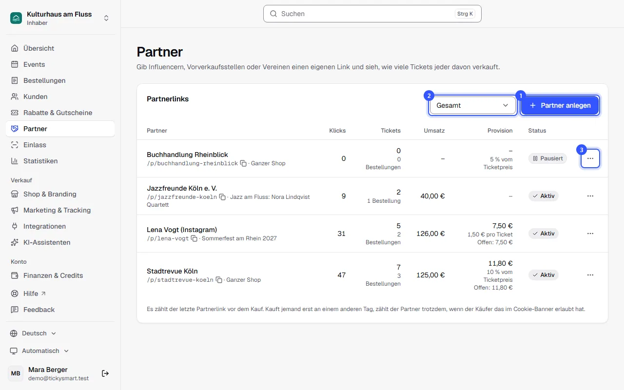 Liste der Partnerlinks mit Klicks, Tickets, Umsatz, Provision und Status, darüber die Auswahl des Zeitraums und der Knopf Partner anlegen