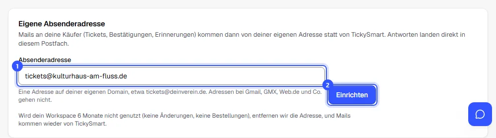 Karte Eigene Absenderadresse mit der eingetragenen Adresse tickets@kulturhaus-am-fluss.de und dem Knopf Einrichten