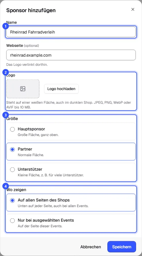 Dialog Sponsor hinzufügen mit Name, Webseite, Logo, der Auswahl der Größe und ob der Sponsor auf allen Seiten oder nur bei ausgewählten Events erscheint