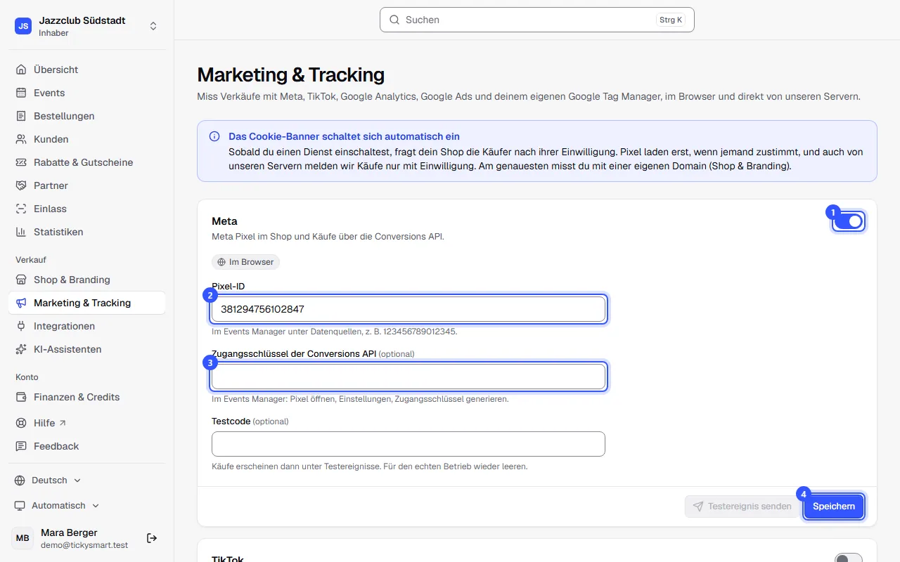 Seite Marketing und Tracking mit dem Hinweis zum Cookie-Banner und der eingeschalteten Karte Meta mit Pixel-ID, Zugangsschlüssel, Testcode und dem Knopf Speichern