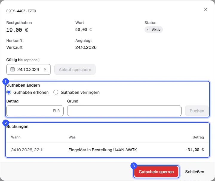 Geöffneter Gutschein mit Restguthaben 19 Euro von 50 Euro, Ablaufdatum, Bereich Guthaben ändern, der Einlösung in einer Bestellung und dem Knopf Gutschein sperren