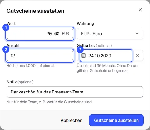 Dialog Gutscheine ausstellen mit Wert 20 Euro, Währung, Anzahl 12, Ablaufdatum und einer Notiz für das Team