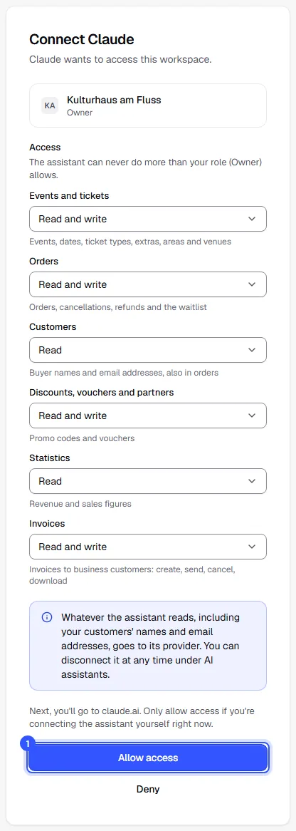Connect Claude page with the chosen workspace, access per area, the note about data and the Allow access button