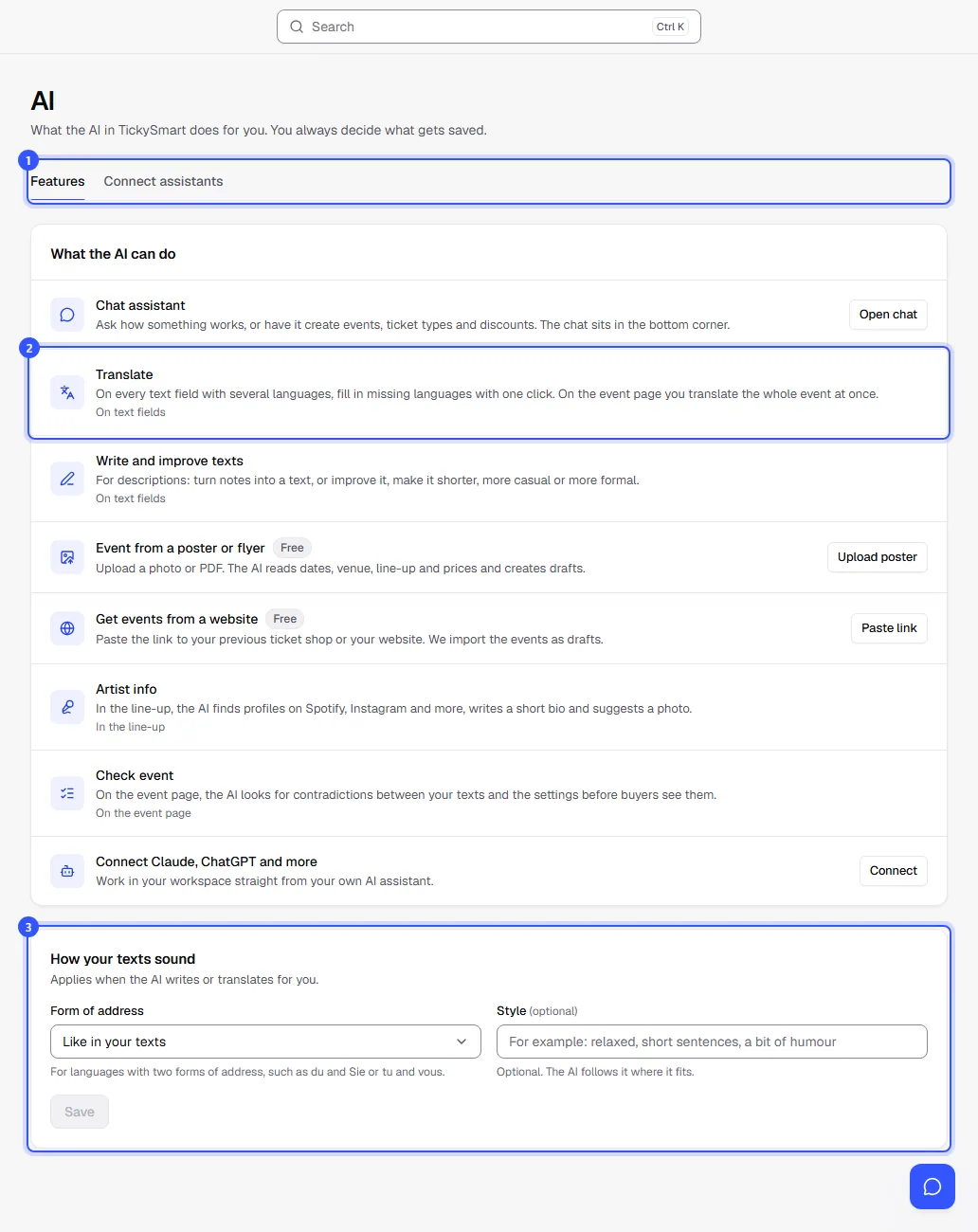 AI page with the tabs Features and Connect assistants, the list of features and the section How your texts sound
