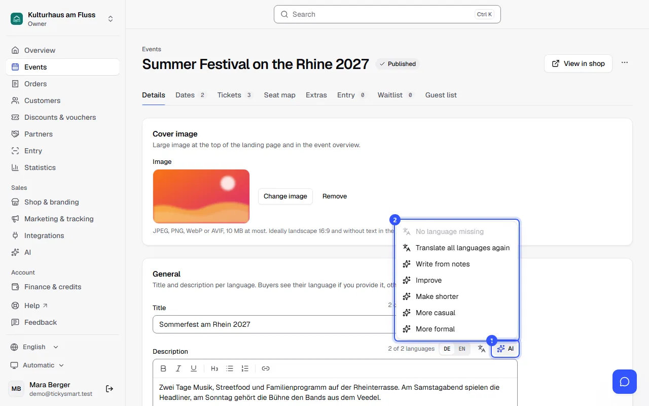 Event description with the AI menu open: translate into the missing language, translate all languages again, write from notes, improve, make shorter, more casual, more formal