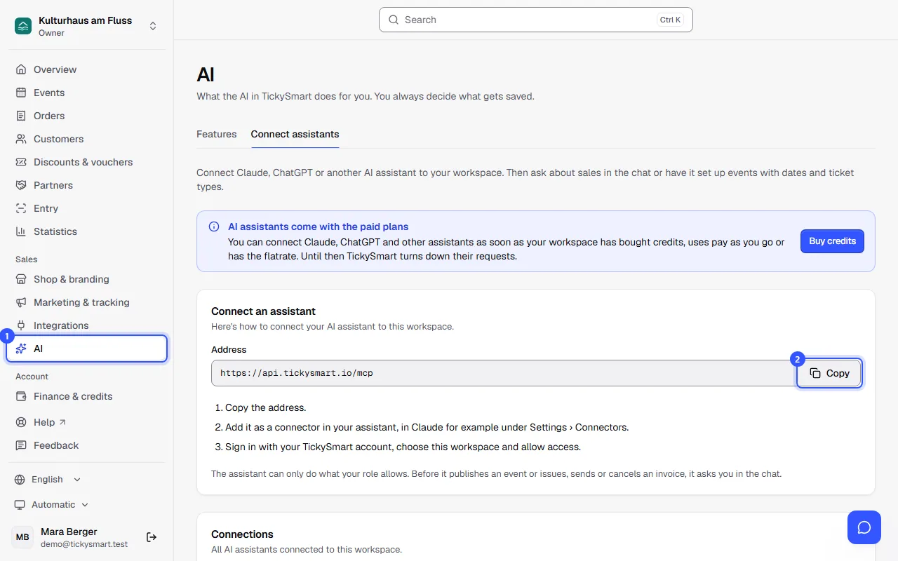 AI assistants page with the menu item in the sidebar, the address to copy and the three-step guide