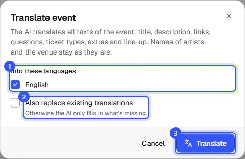 Translate event dialog with the language German, the box for existing translations and the Translate button