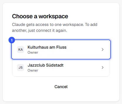Choose a workspace page with the workspaces Kulturhaus am Fluss and Jazzclub Südstadt