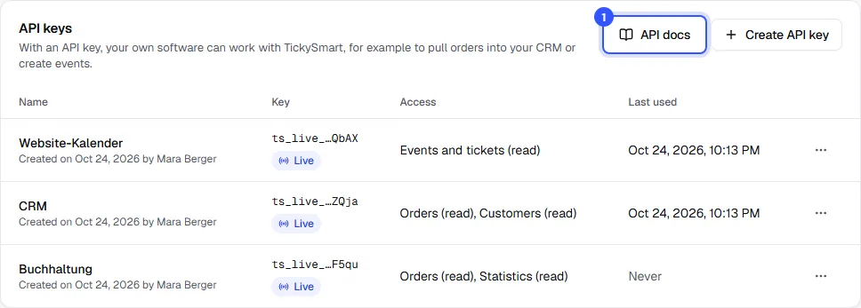 API keys card on the Integrations page with the API docs button and three keys